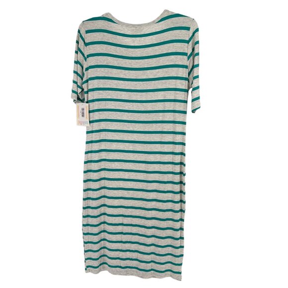 LuLaRoe Retired Julia Dress L Teal and White Striped SS Form Fitting NWT - Picture 2 of 7